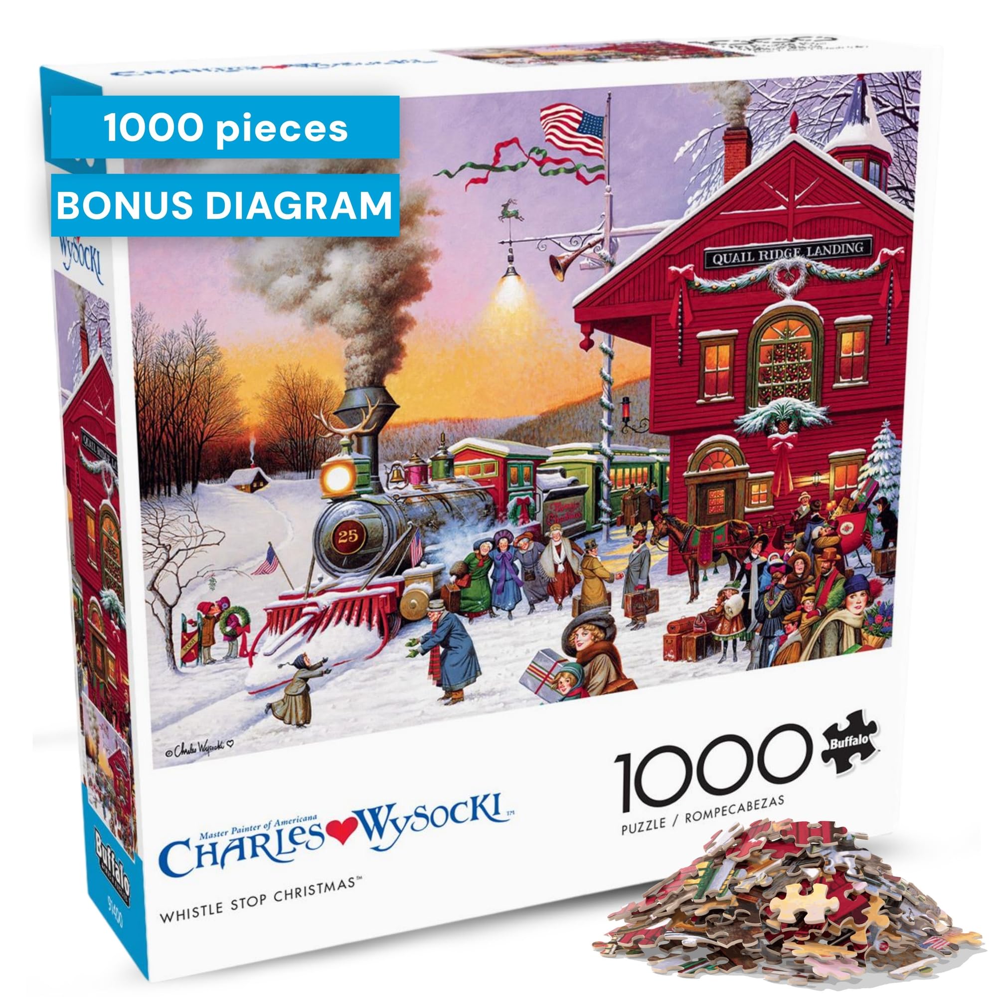 Charles Wysocki Whistle Stop Christmas 1000 Piece Jigsaw Puzzle by Buffalo Games – Winter Holiday Art for Adults