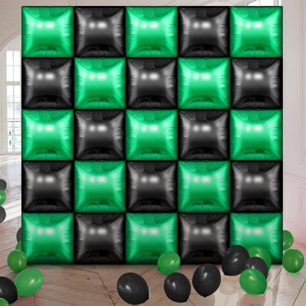 Charnoel 25 Pack Green and Black Square Foil Balloons for Video Game Party Decor