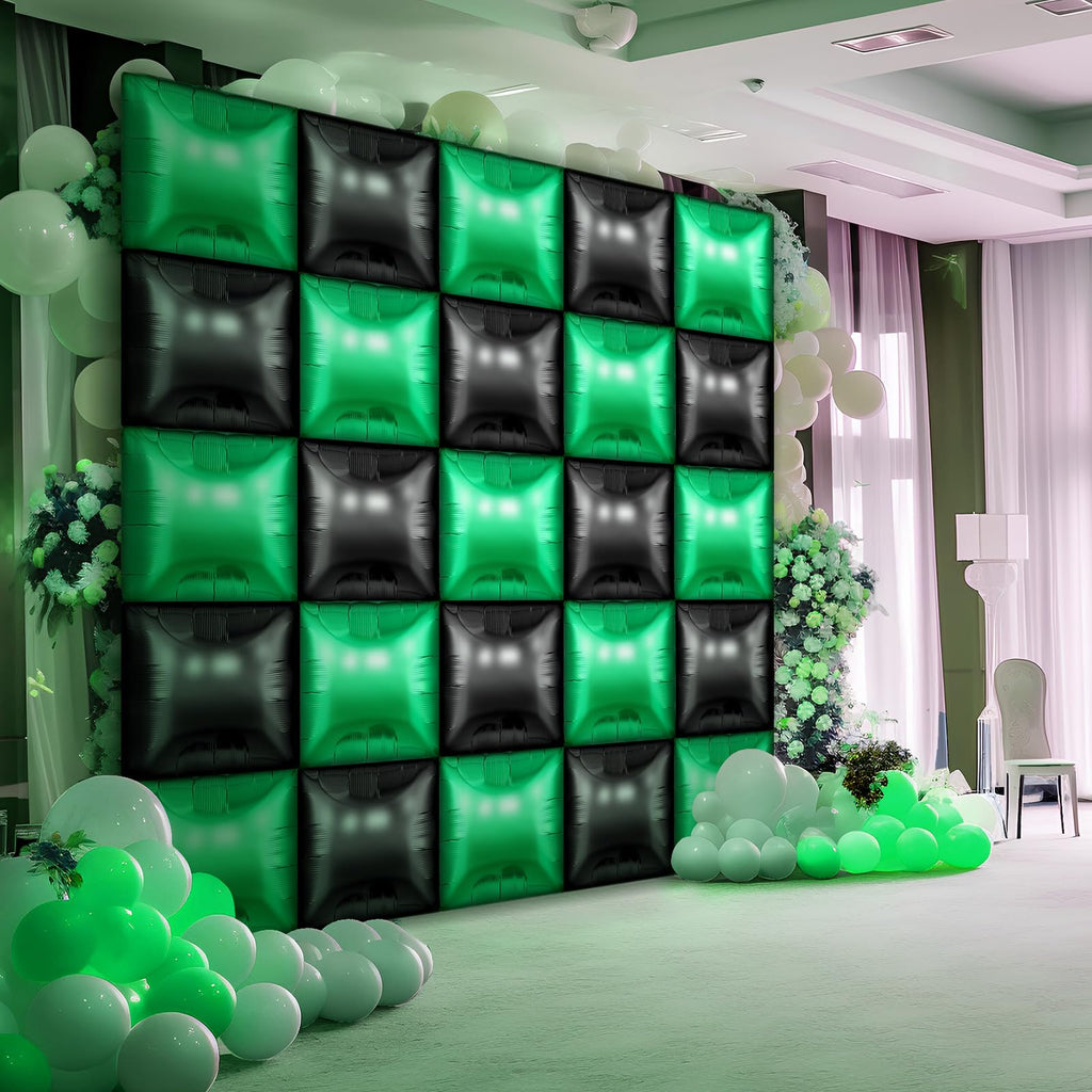 Charnoel 25 Pack Green and Black Square Foil Balloons for Video Game Party Decor