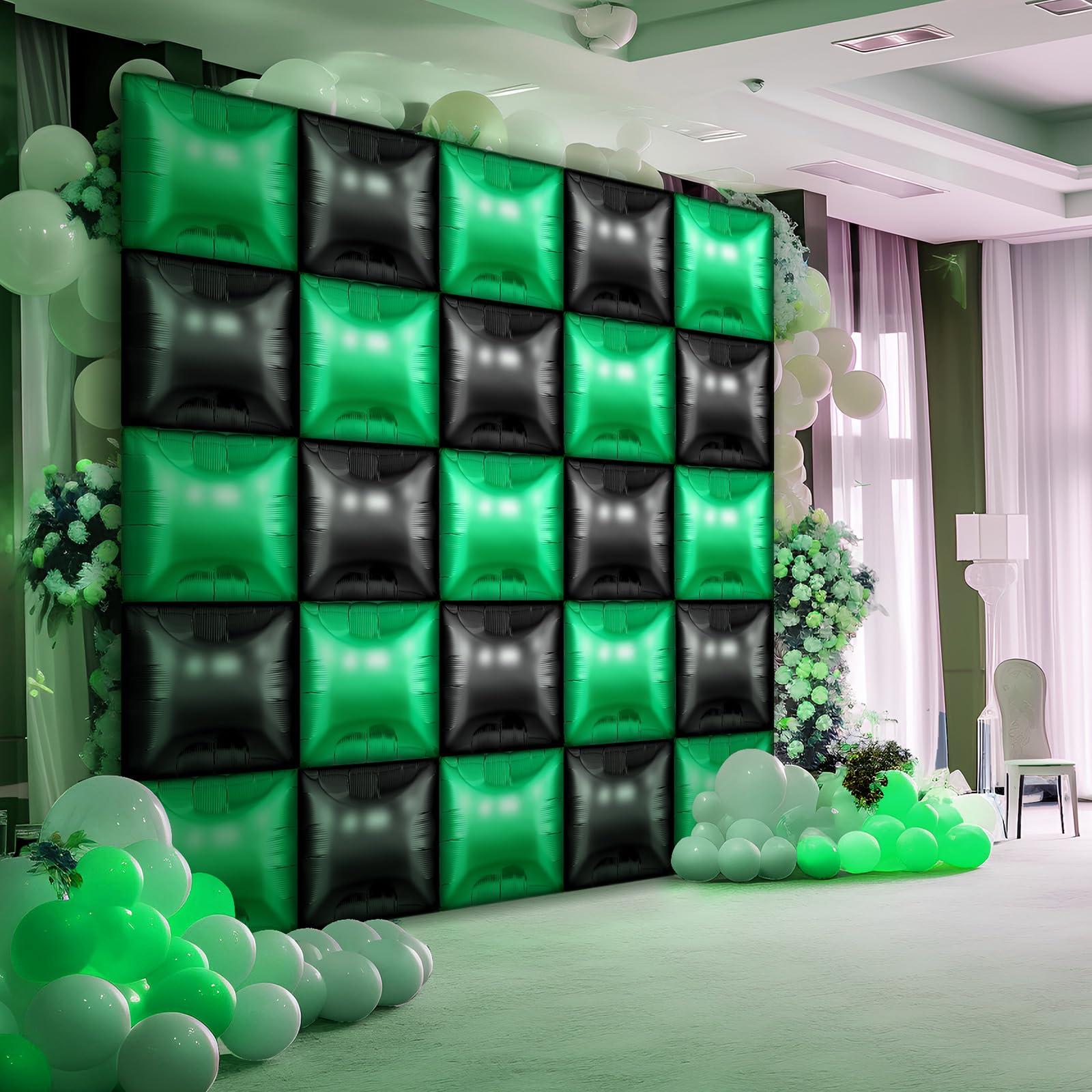 Charnoel 25 Pack Green and Black Square Foil Balloons for Video Game Party Decor