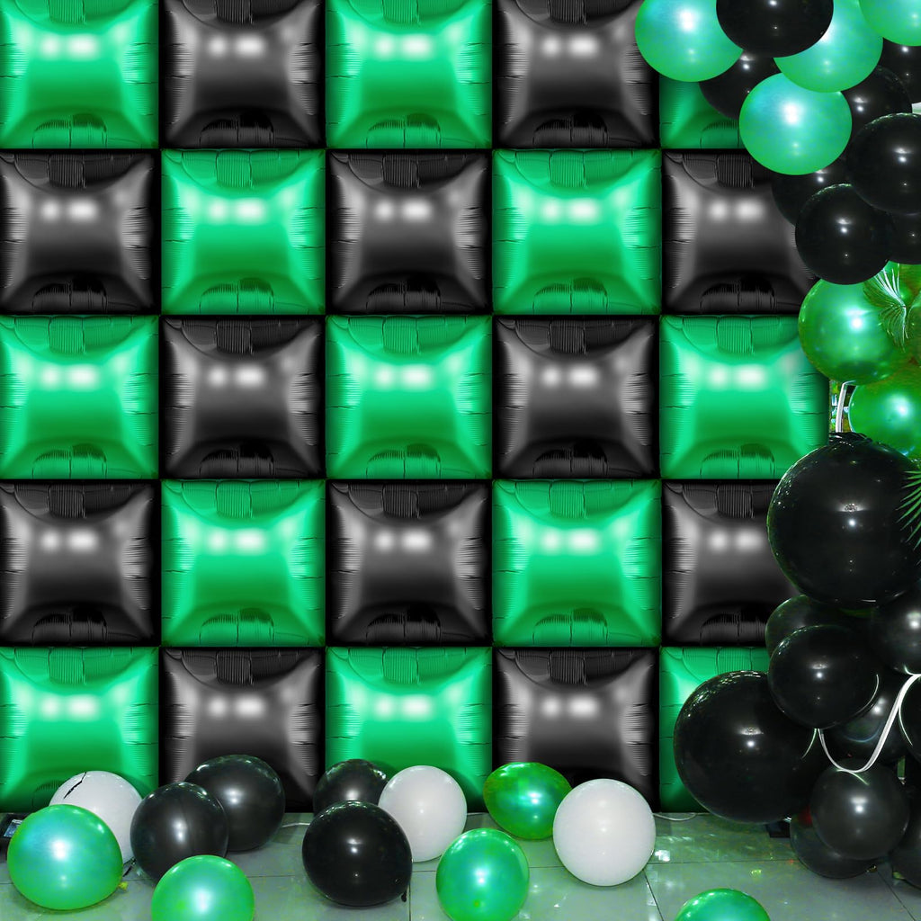 Charnoel 25 Pack Green and Black Square Foil Balloons for Video Game Party Decor