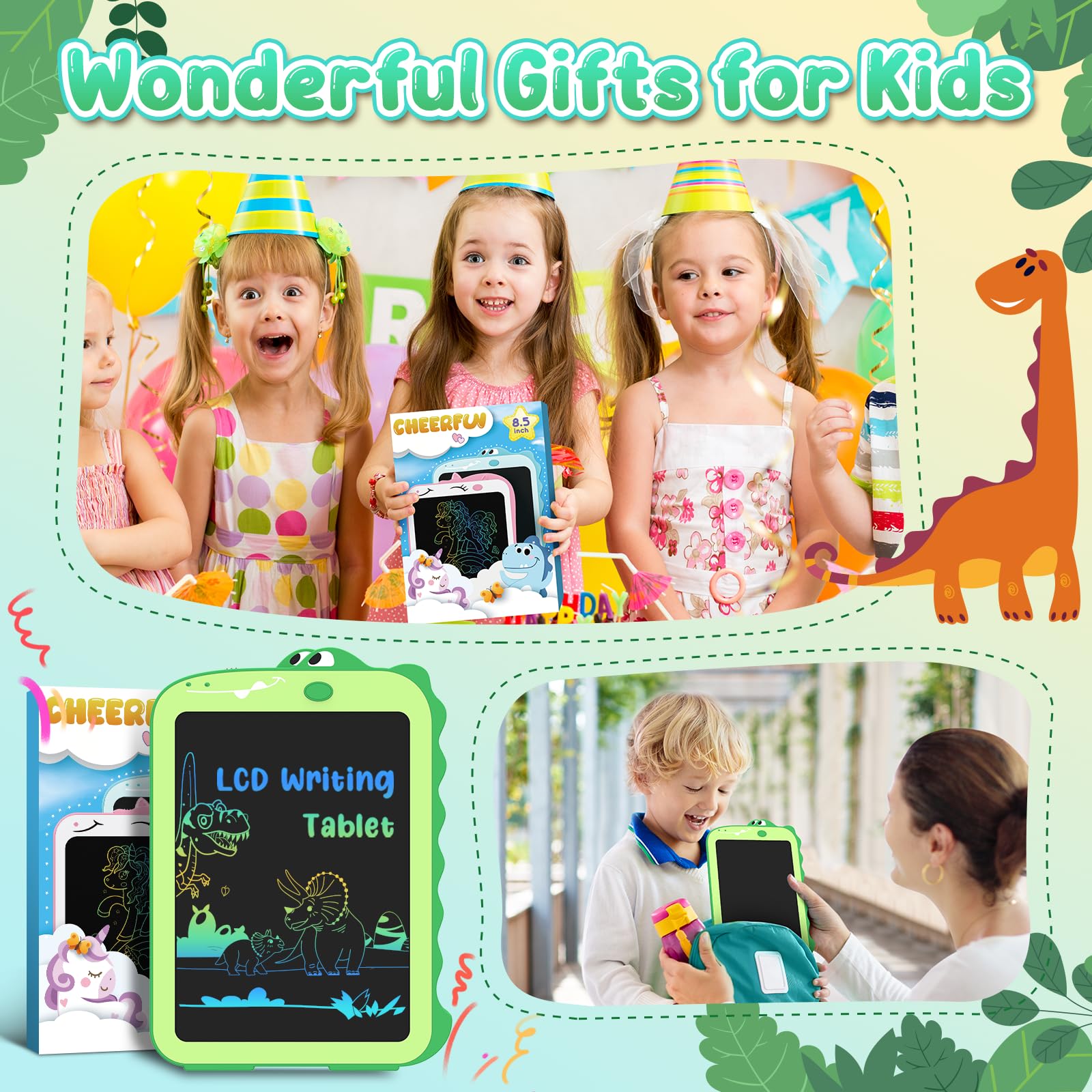 CHEERFUN 8.5" LCD Writing Tablet for Kids - Dinosaur Toddler Drawing Board, Educational Toys for Boys Girls Ages 3-8