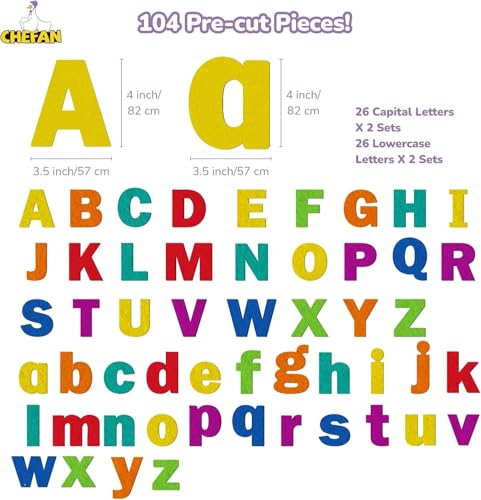 CHEFAN 104-Piece Felt Letters Alphabet Set for Kids – Uppercase & Lowercase for Preschool & Homeschool Learning