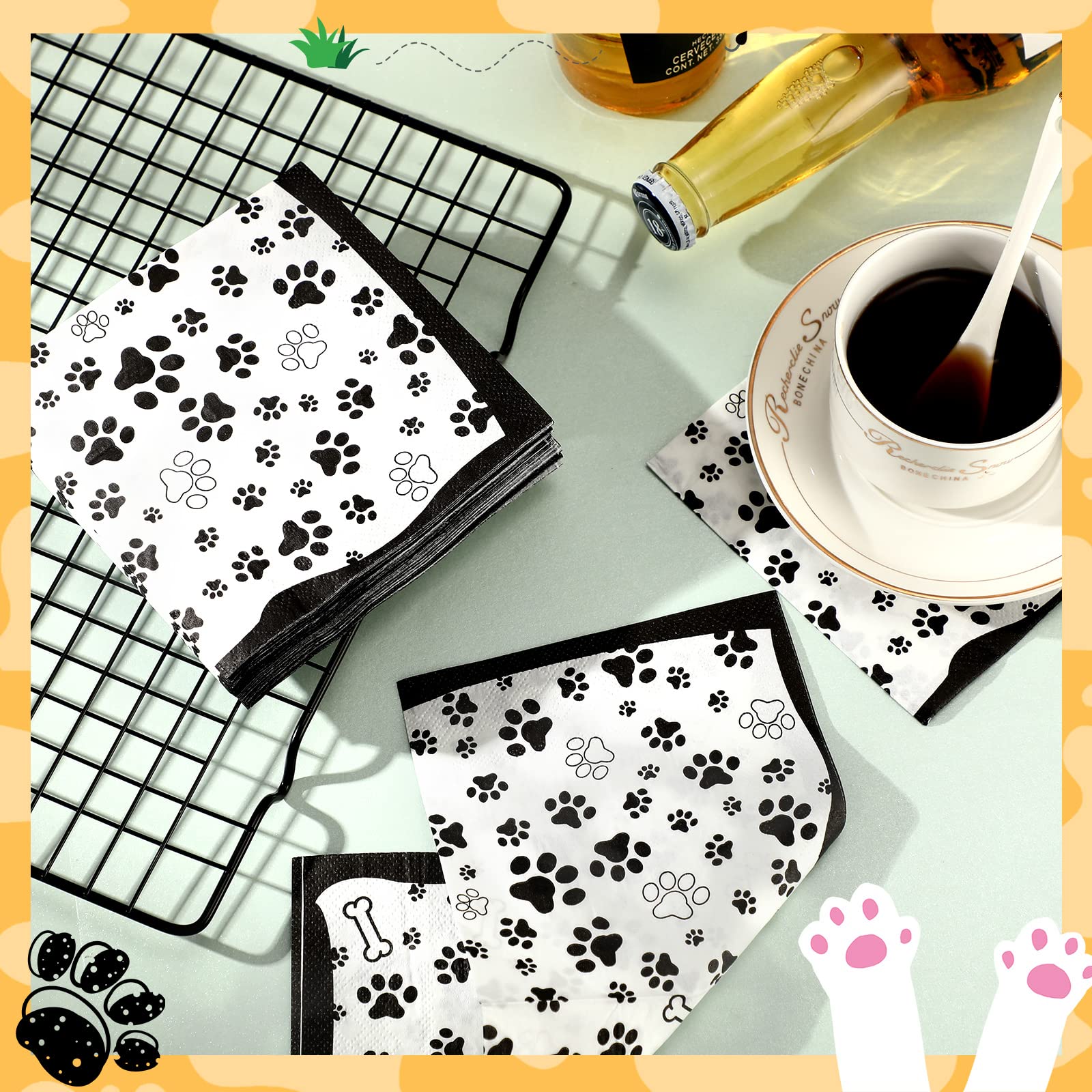 CHENGU 100-Pack Paw Print Napkins 5x5 Inch 2-Ply Paper Party Napkins for Animal Themed Birthdays, Western Parties (Black)