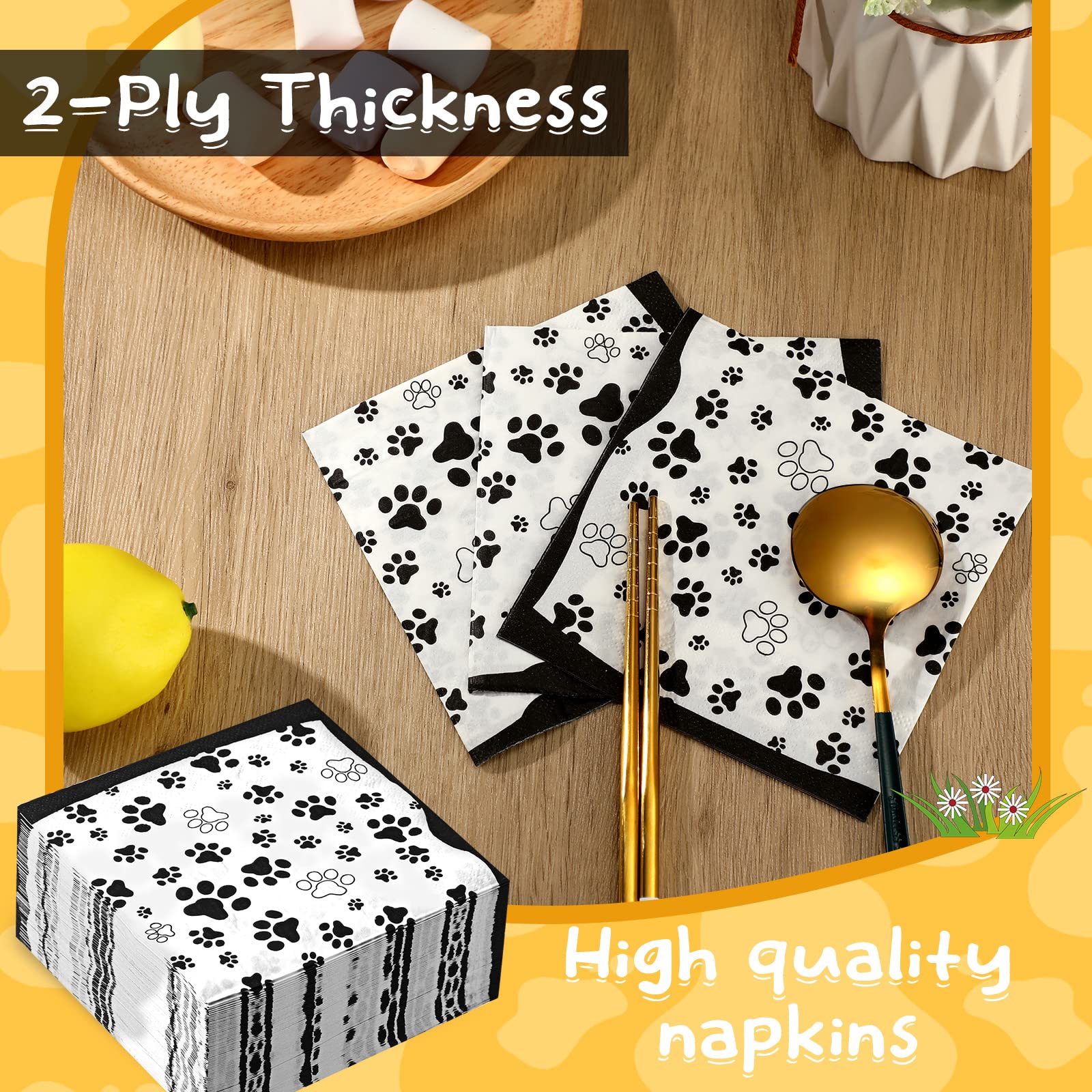 CHENGU 100-Pack Paw Print Napkins 5x5 Inch 2-Ply Paper Party Napkins for Animal Themed Birthdays, Western Parties (Black)