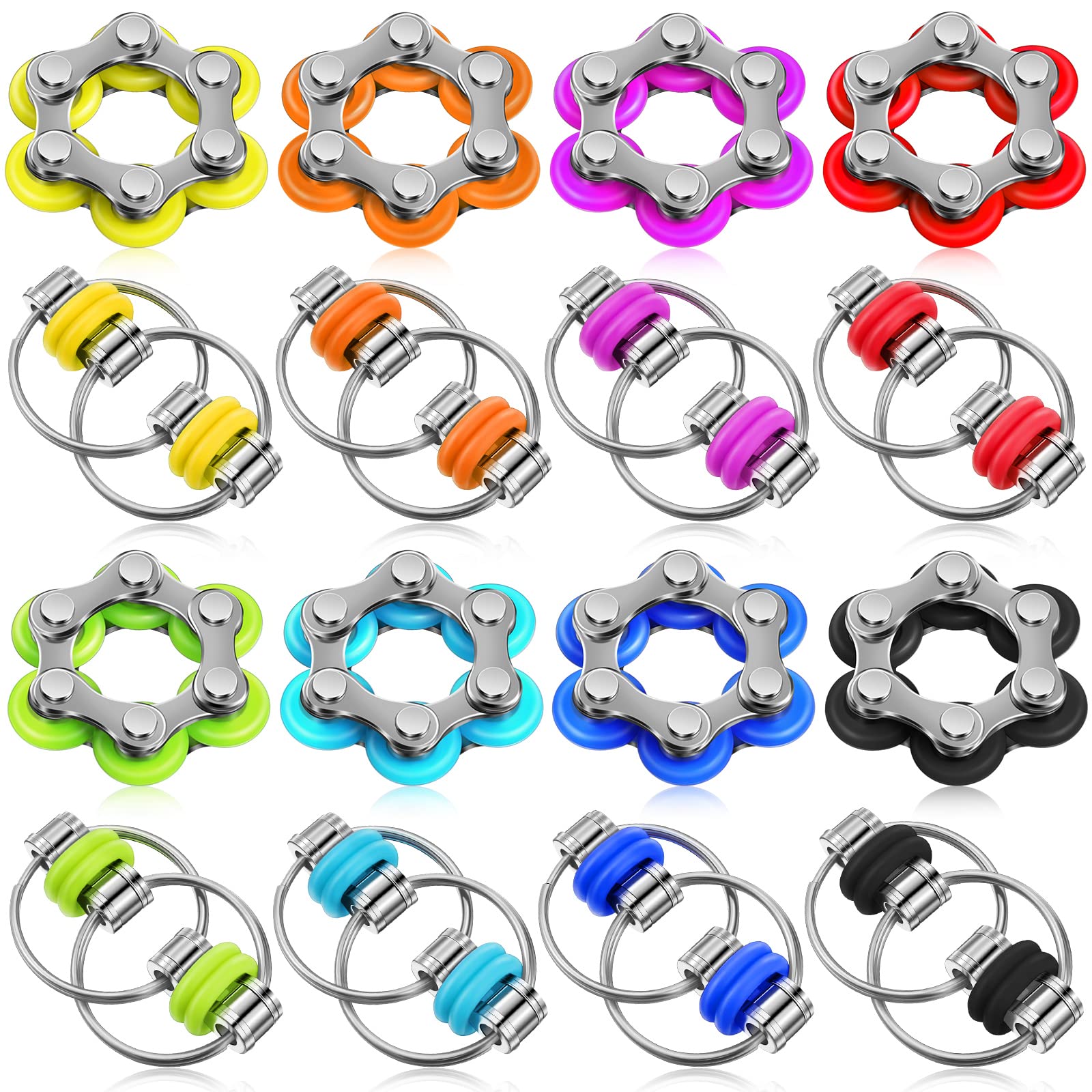 CHENGU 16-Piece Fidget Toy Set: 6-Roller Chain & Key Flippy Chains for Stress Relief, ADHD, Autism (Bright Colors)