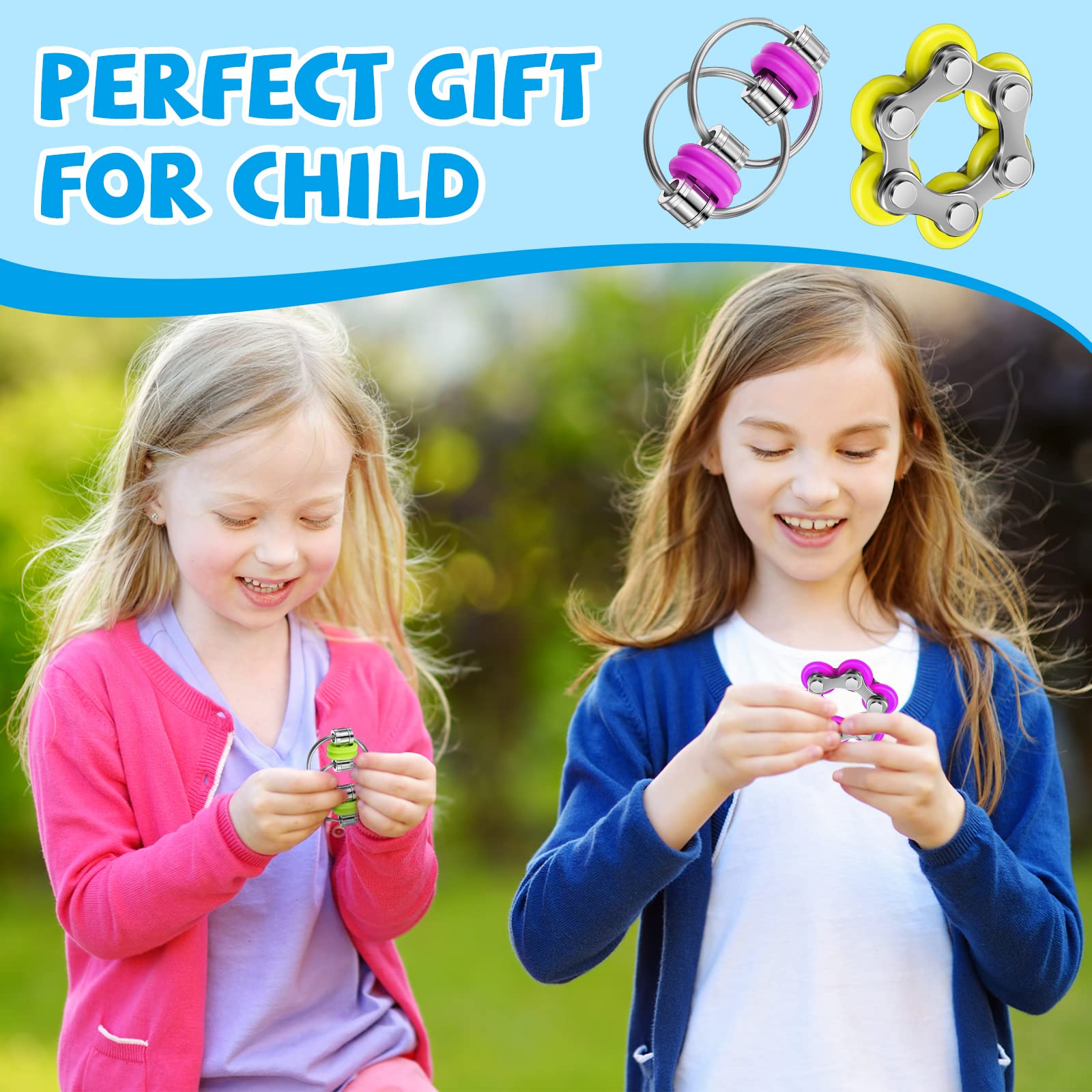 CHENGU 16-Piece Fidget Toy Set: 6-Roller Chain & Key Flippy Chains for Stress Relief, ADHD, Autism (Bright Colors)