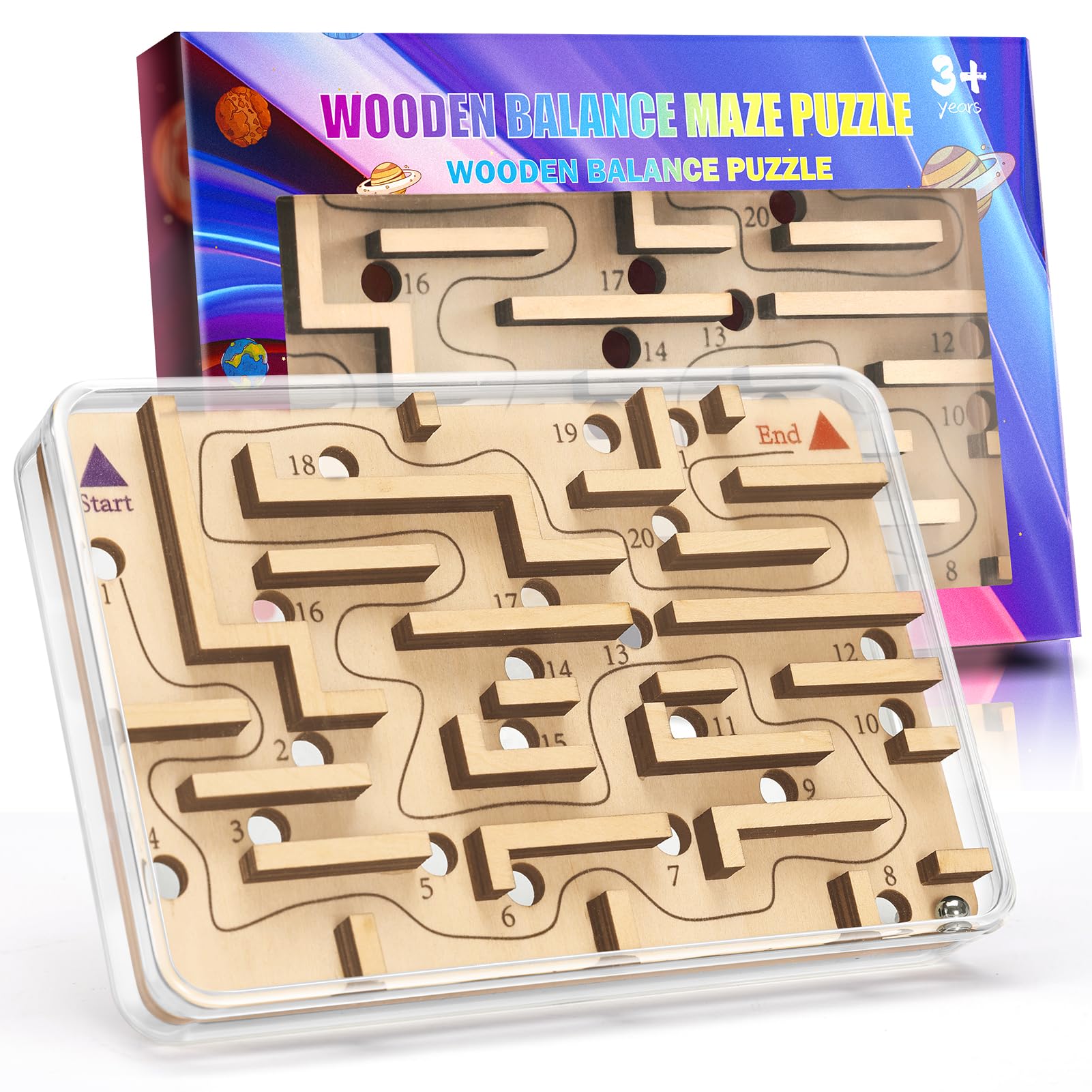 CHEROSIN Wooden Marble Maze Puzzle – Handheld Fidget Game for Kids & Adults | Brain Teaser Travel Toy with 21 Holes