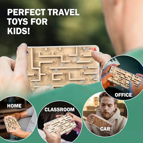 CHEROSIN Wooden Marble Maze Puzzle – Handheld Fidget Game for Kids & Adults | Brain Teaser Travel Toy with 21 Holes