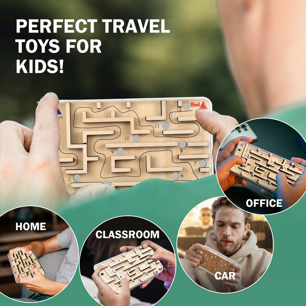 CHEROSIN Wooden Marble Maze Puzzle – Handheld Fidget Game for Kids & Adults | Brain Teaser Travel Toy with 21 Holes
