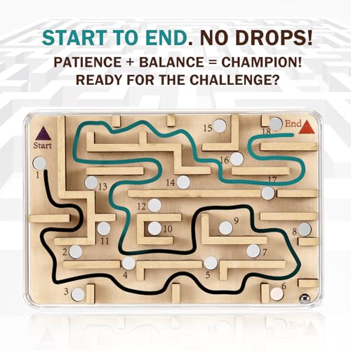 CHEROSIN Wooden Marble Maze Puzzle – Handheld Fidget Game for Kids & Adults | Brain Teaser Travel Toy with 21 Holes