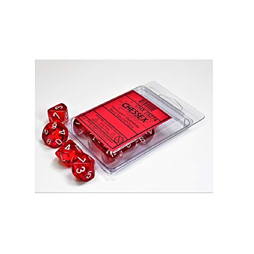 Chessex Red Translucent d10 Dice Set - 10 Polyhedral Dice with White Numbers