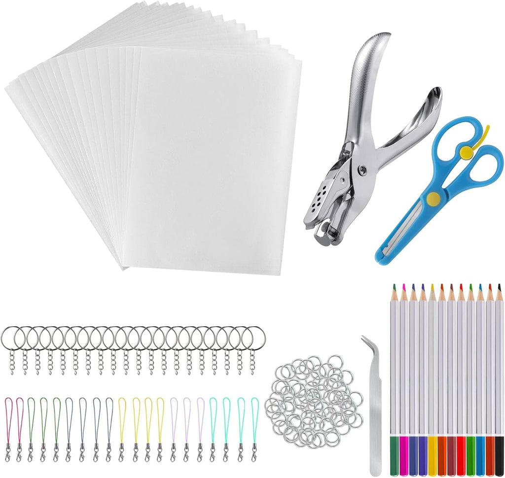 chfine 175-Piece Shrink Plastic Sheets Kit – DIY Keychain Craft Set with 20 Shrink Paper Sheets, Color Pencils, and Jewelry Findings