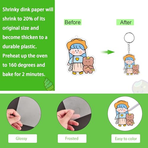 chfine 175-Piece Shrink Plastic Sheets Kit – DIY Keychain Craft Set with 20 Shrink Paper Sheets, Color Pencils, and Jewelry Findings