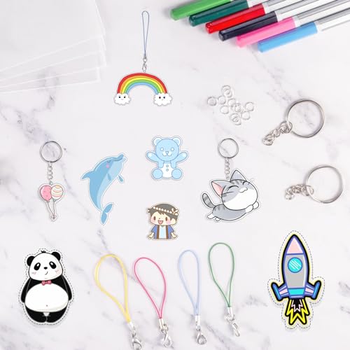 chfine 175-Piece Shrink Plastic Sheets Kit – DIY Keychain Craft Set with 20 Shrink Paper Sheets, Color Pencils, and Jewelry Findings