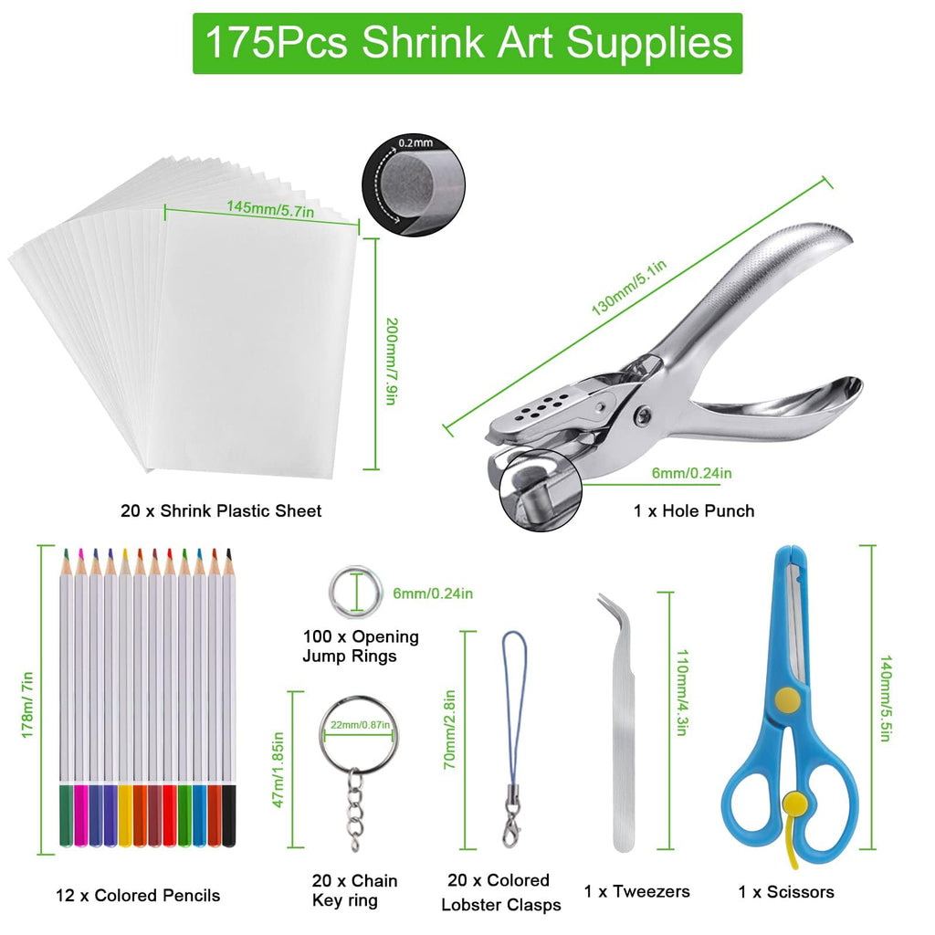 chfine 175-Piece Shrink Plastic Sheets Kit – DIY Keychain Craft Set with 20 Shrink Paper Sheets, Color Pencils, and Jewelry Findings