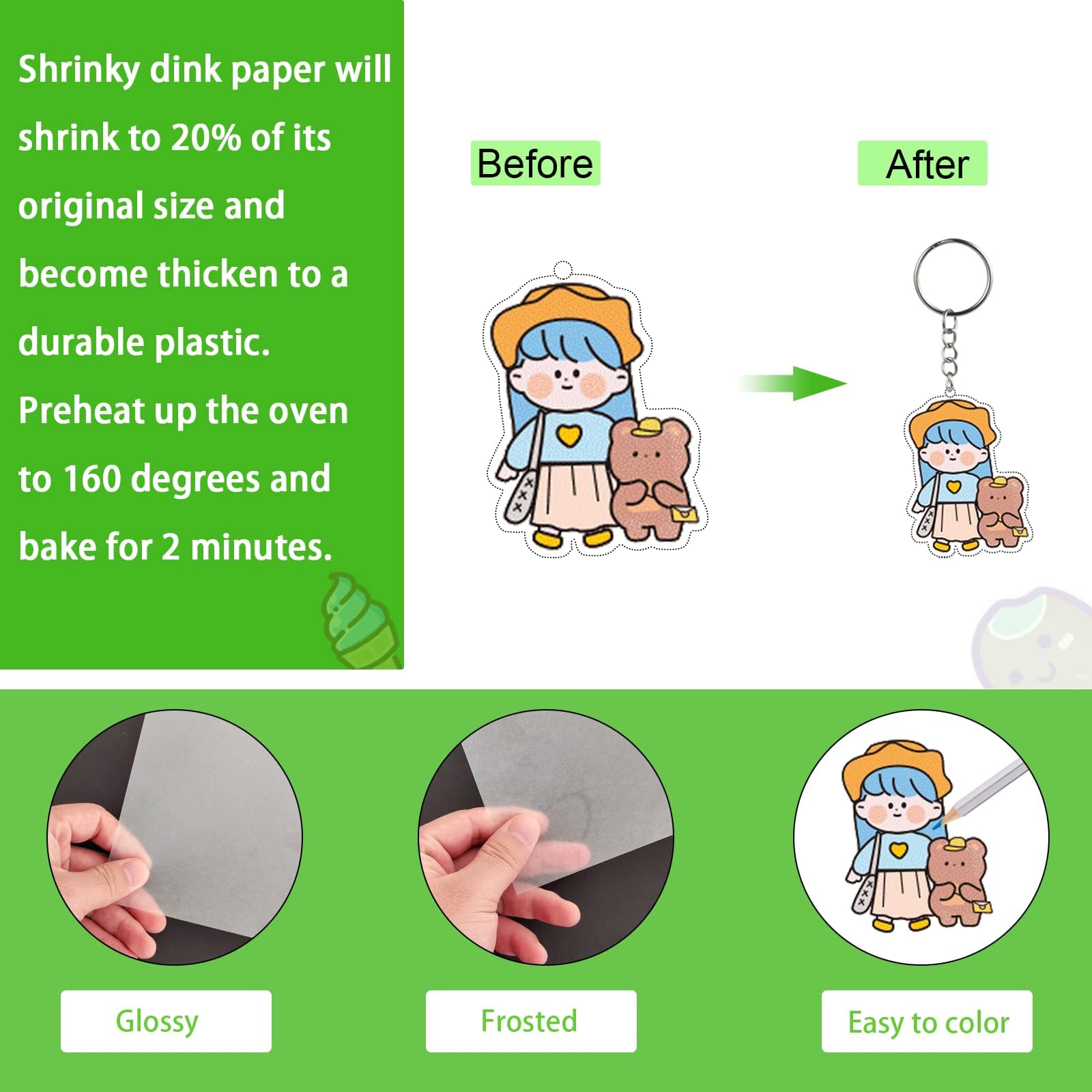 chfine 175-Piece Shrink Plastic Sheets Kit – DIY Keychain Craft Set with 20 Shrink Paper Sheets, Color Pencils, and Jewelry Findings