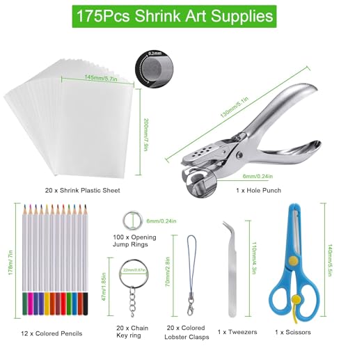 chfine 175-Piece Shrink Plastic Sheets Kit – DIY Keychain Craft Set with 20 Shrink Paper Sheets, Color Pencils, and Jewelry Findings
