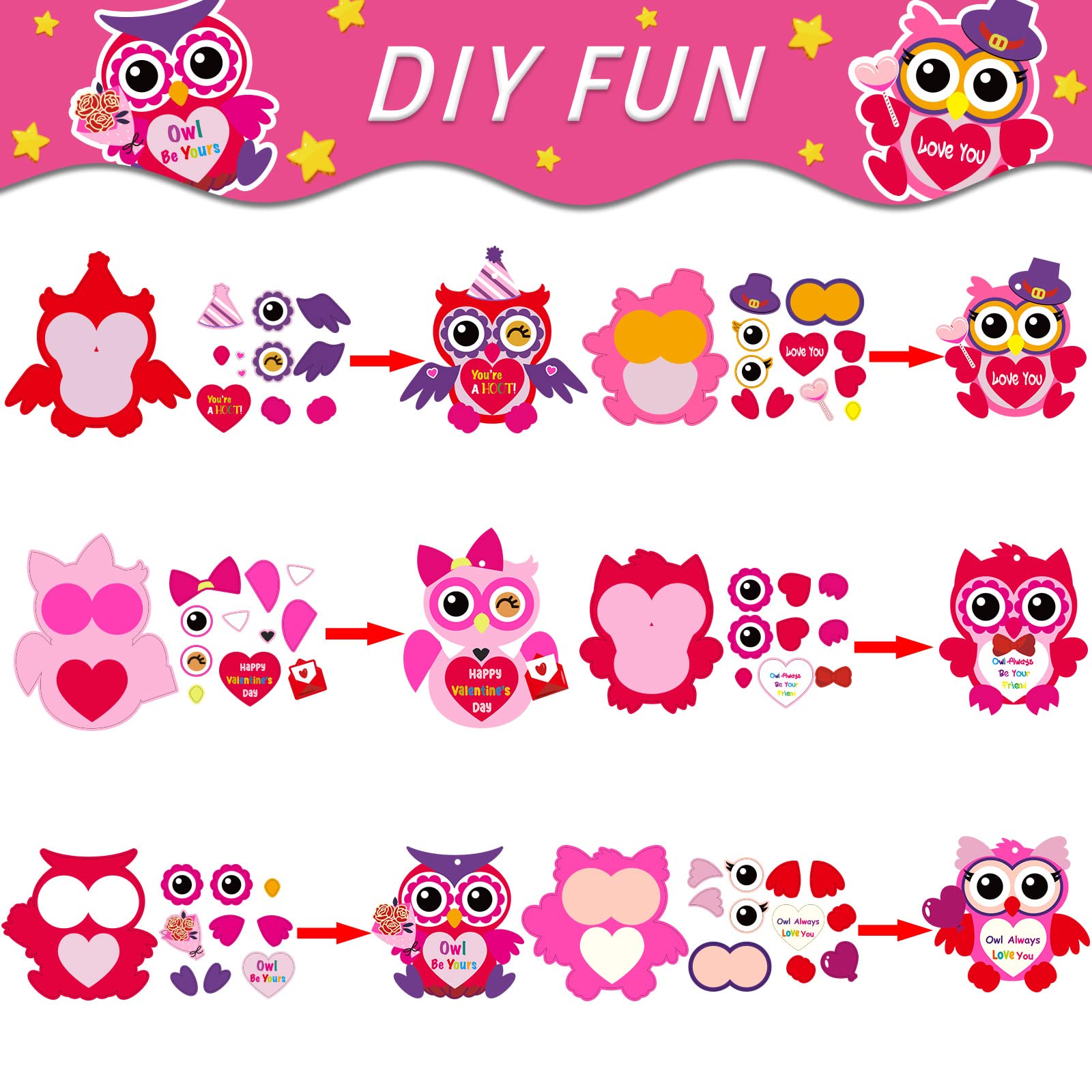 chiazllta 30-Pack Valentine's Day Owl Craft Kit – DIY Heart Craft with Stickers for Home or Classroom Activities