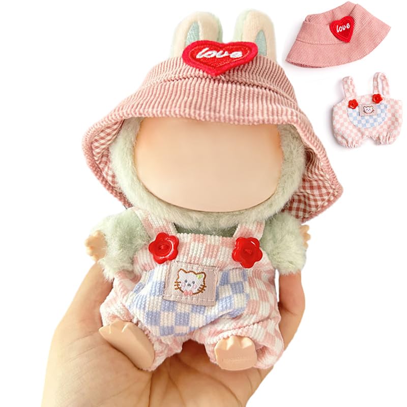 Chic Pink and White Checkered Romper and Hat for 17cm Labubu Dolls – Kawaii Outfit Set