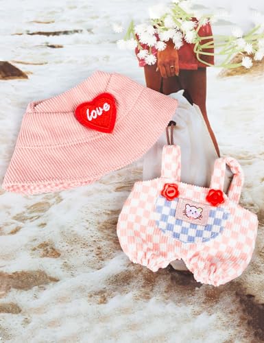 Chic Pink and White Checkered Romper and Hat for 17cm Labubu Dolls – Kawaii Outfit Set