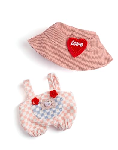 Chic Pink and White Checkered Romper and Hat for 17cm Labubu Dolls – Kawaii Outfit Set