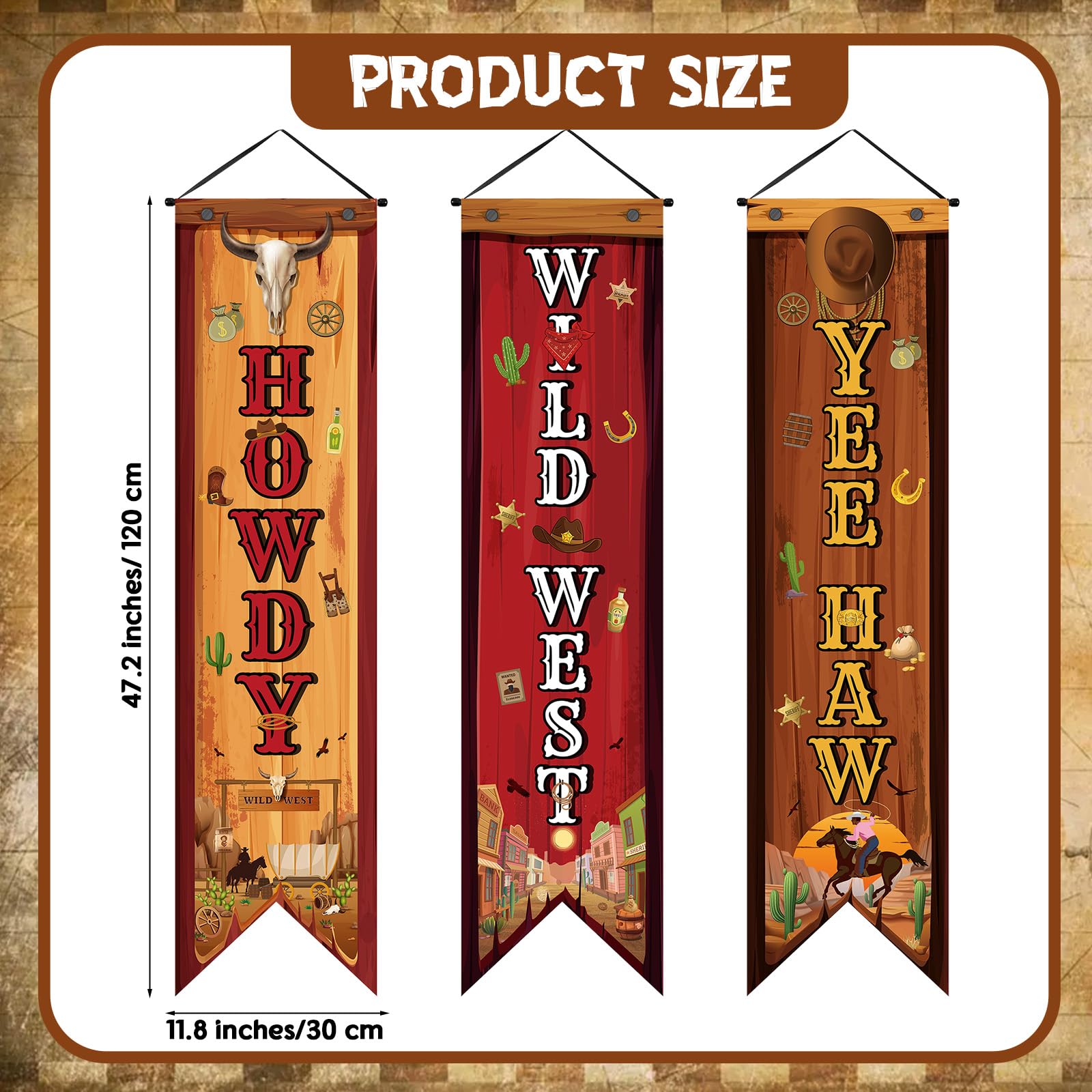 Chiisong Western Cowboy Party Banner Set – 3 Vintage Porch Signs for Wild West Themed Decorations