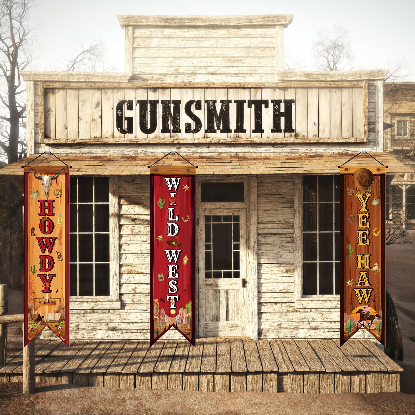 Chiisong Western Cowboy Party Banner Set – 3 Vintage Porch Signs for Wild West Themed Decorations