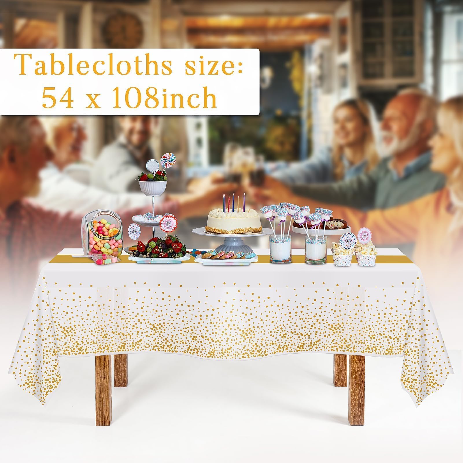 Childom 3 Pack White & Gold Plastic Tablecloth 54x108 for Class of 2026 Graduation Party Decorations