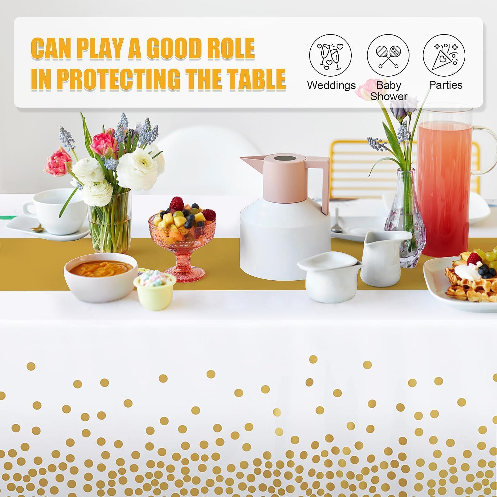 Childom 3 Pack White & Gold Plastic Tablecloth 54x108 for Class of 2026 Graduation Party Decorations