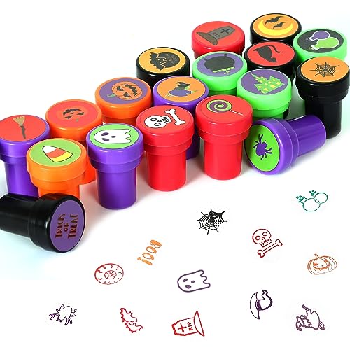 Childom 50 Pcs Halloween Stamps for Kids – Pre-Inked Mini Stampers, 25 Designs, Goodie Bag Fillers