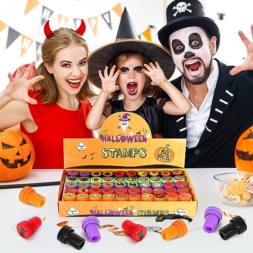 Childom 50 Pcs Halloween Stamps for Kids – Pre-Inked Mini Stampers, 25 Designs, Goodie Bag Fillers