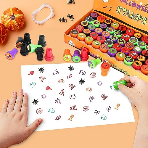 Childom 50 Pcs Halloween Stamps for Kids – Pre-Inked Mini Stampers, 25 Designs, Goodie Bag Fillers