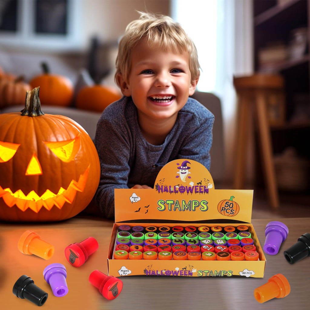 Childom 50 Pcs Halloween Stamps for Kids – Pre-Inked Mini Stampers, 25 Designs, Goodie Bag Fillers