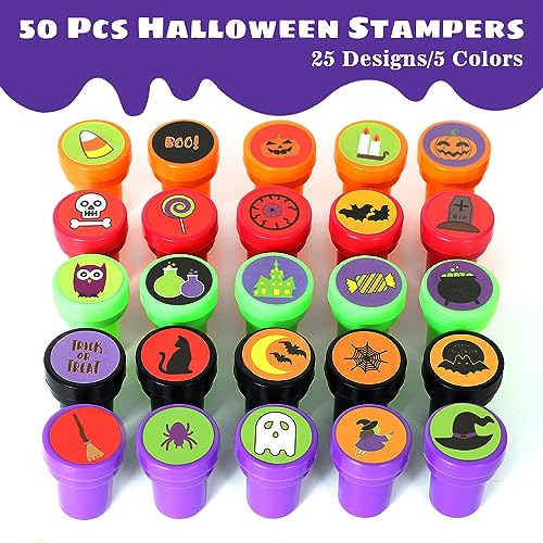 Childom 50 Pcs Halloween Stamps for Kids – Pre-Inked Mini Stampers, 25 Designs, Goodie Bag Fillers