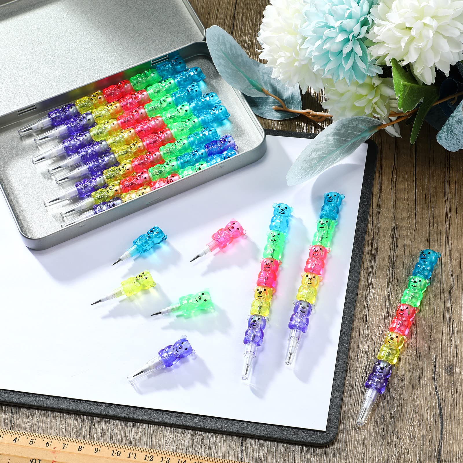 Chinco Stackable Plastic Bear Pencils - 50 Pieces, 5 Colors for Party Favors & Classroom Prizes