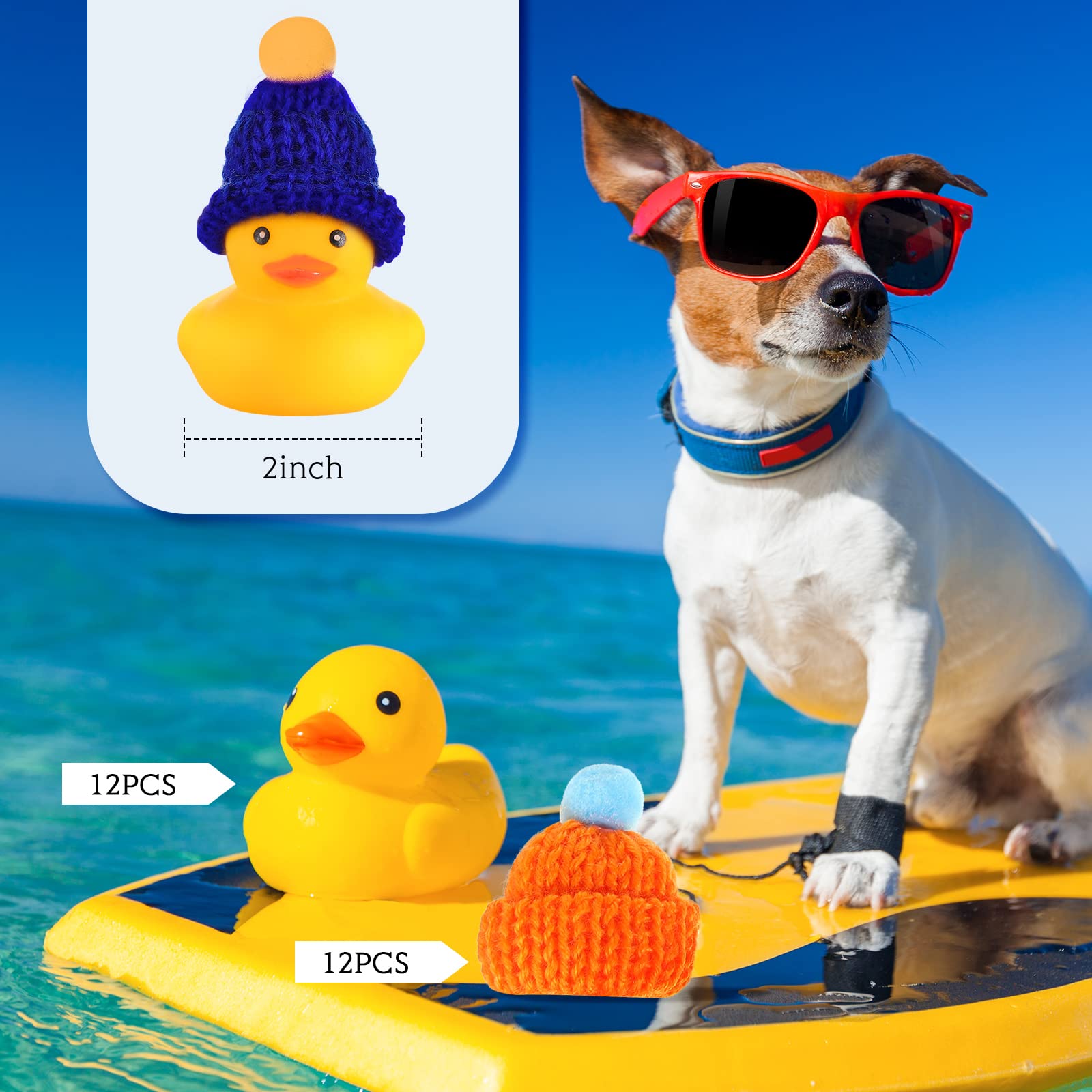 Chivao 12-Pack Mini Rubber Ducks with 12 Hats – Floating Squeaky Bath Toys for Toddlers, Carnival Prizes, and Party Favors (Yellow, 3x2 Inches)