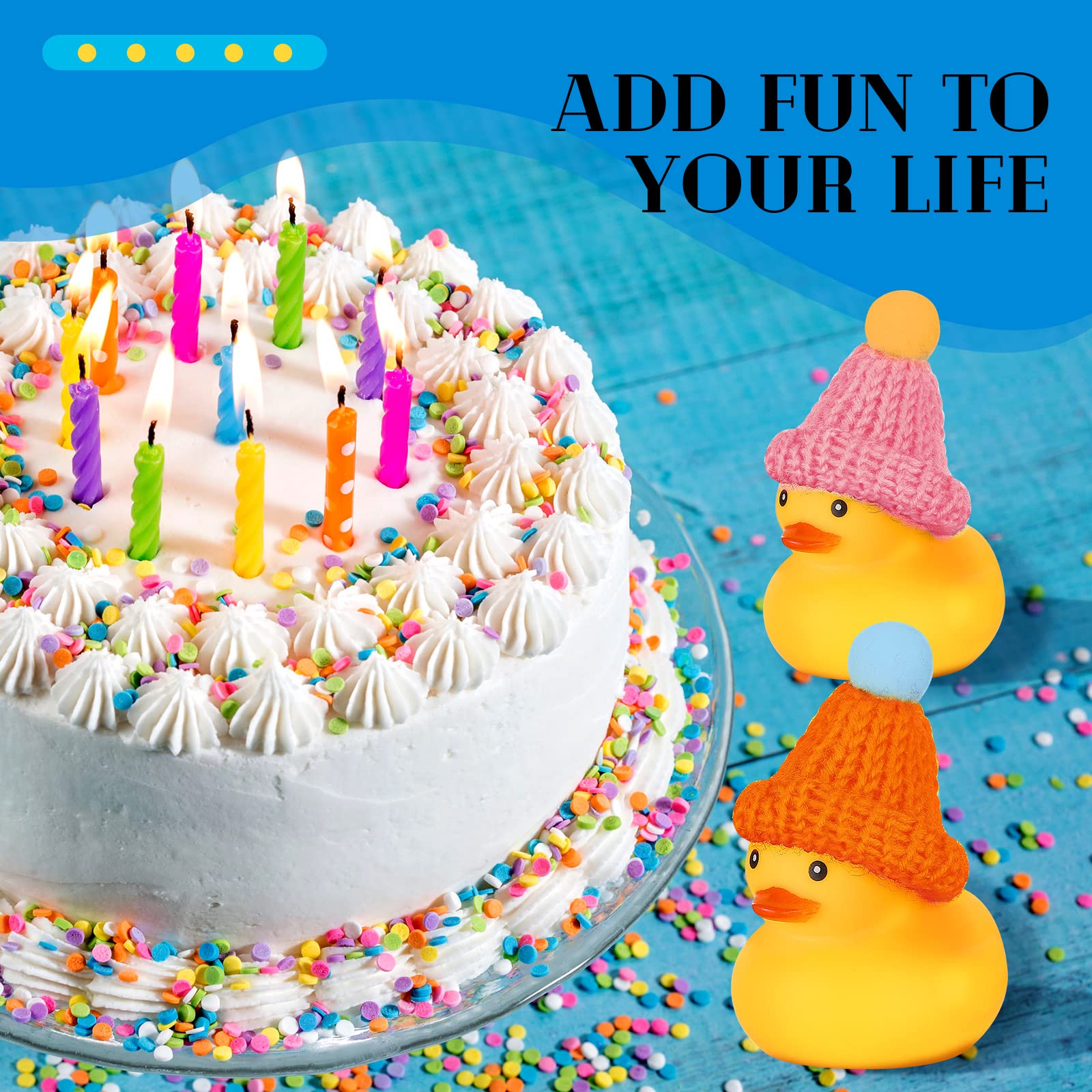 Chivao 12-Pack Mini Rubber Ducks with 12 Hats – Floating Squeaky Bath Toys for Toddlers, Carnival Prizes, and Party Favors (Yellow, 3x2 Inches)