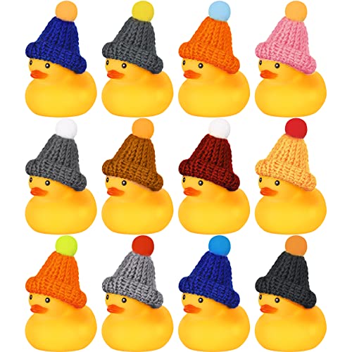 Chivao 12-Pack Mini Rubber Ducks with 12 Hats – Floating Squeaky Bath Toys for Toddlers, Carnival Prizes, and Party Favors (Yellow, 3x2 Inches)