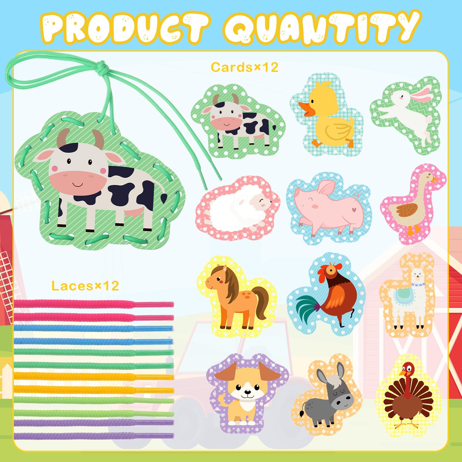 Chivao 12-Piece Lacing Cards for Toddlers: Needle-Free Sewing Kit for Ages 3-5, Travel-Friendly Craft Set