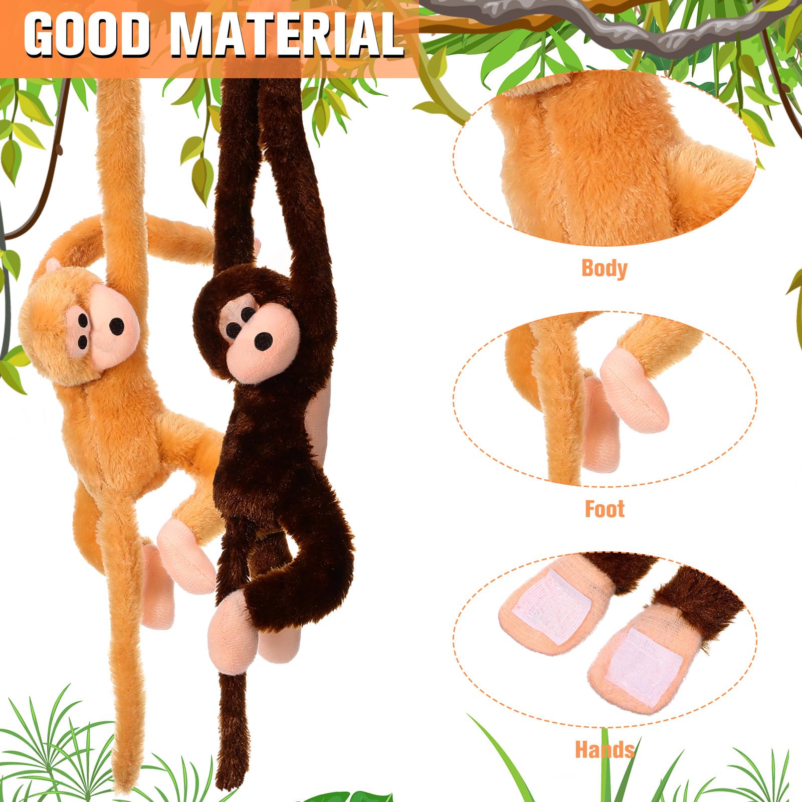 Chivao 2 Pack Hanging Monkey Stuffed Animals - 28 Inch Brown & Khaki Plush Toys with Hook and Loop Fasteners