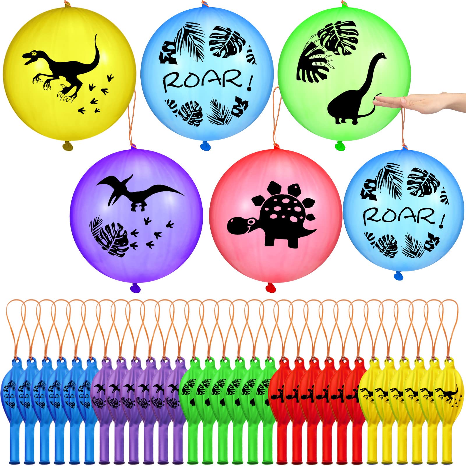 Chivao 30-Pack Dinosaur Punch Balloons, 18 Inch Latex Punching Balloons with Rubber Band for Party Favors and Carnival Games