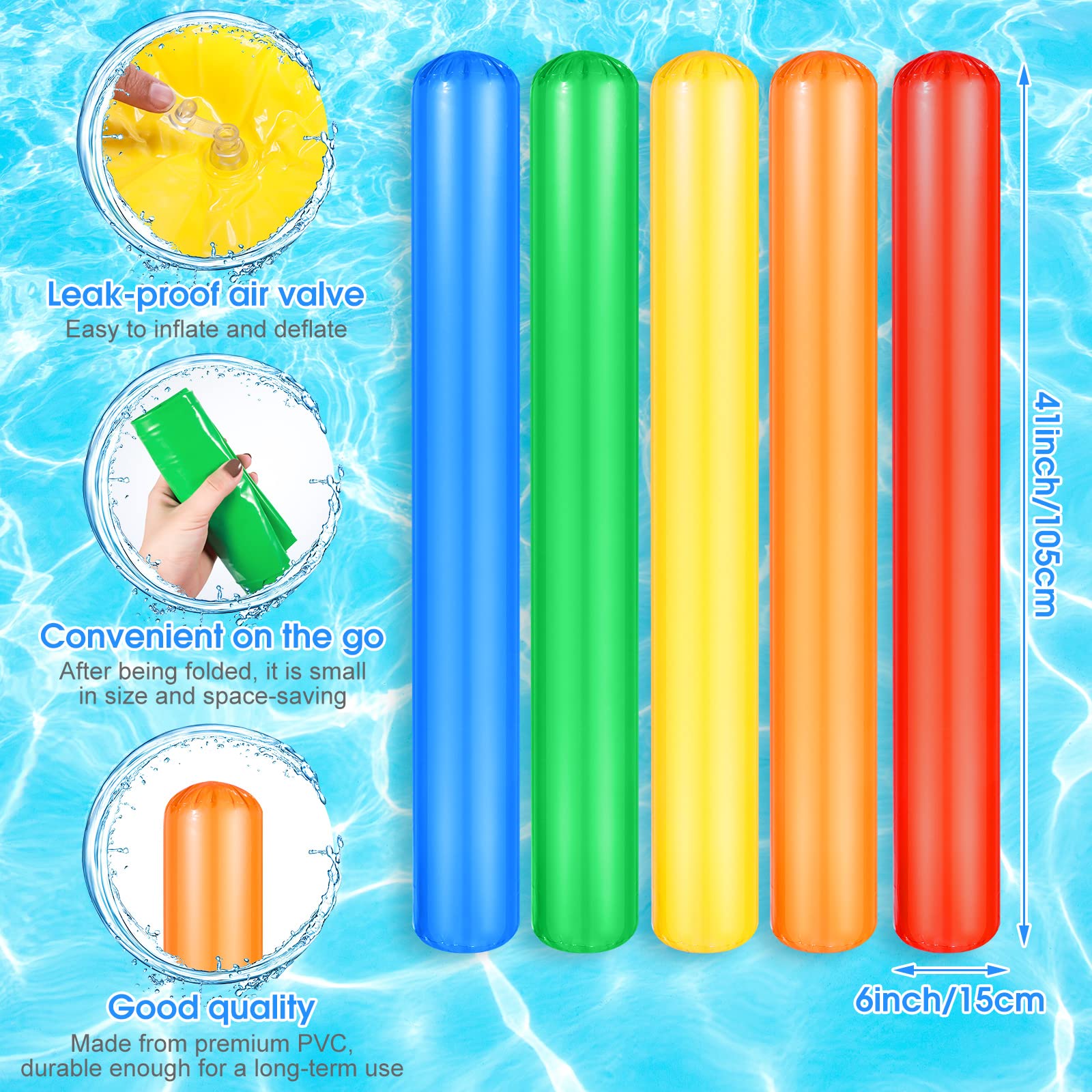 Chivao Inflatable Pool Noodles 41.3 Inch - 5 Pack Colorful PVC Swim Noodles for Adults - Water Games for Pool, Beach & Parties
