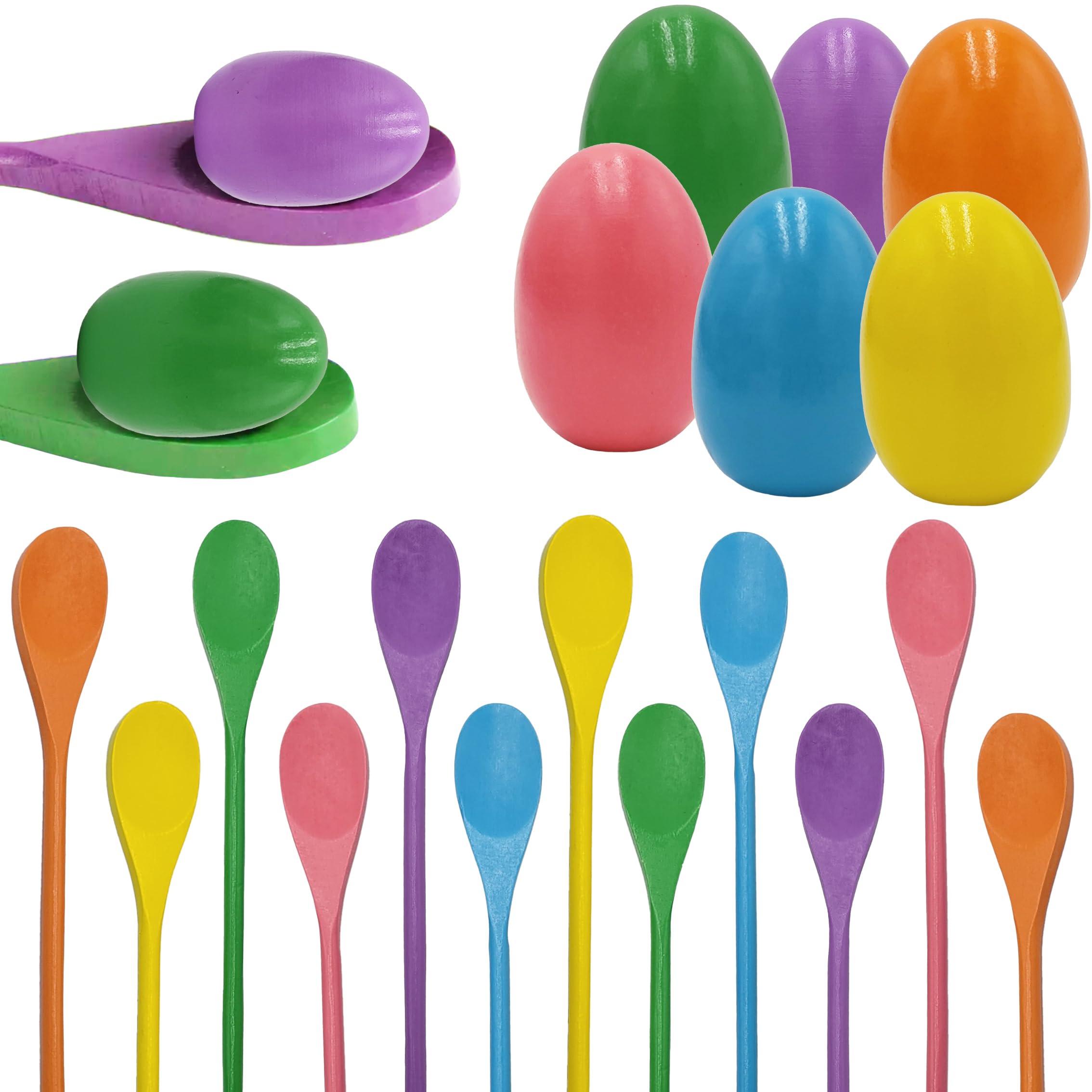 Chochkees 12-Piece Wooden Easter Egg and Spoon Race Game Set – 6 Eggs & 6 Spoons in 12 Colors for Outdoor Family Fun