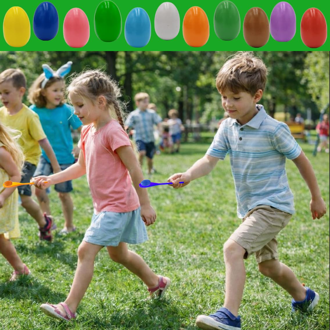 Chochkees 12-Piece Wooden Easter Egg and Spoon Race Game Set – 6 Eggs & 6 Spoons in 12 Colors for Outdoor Family Fun