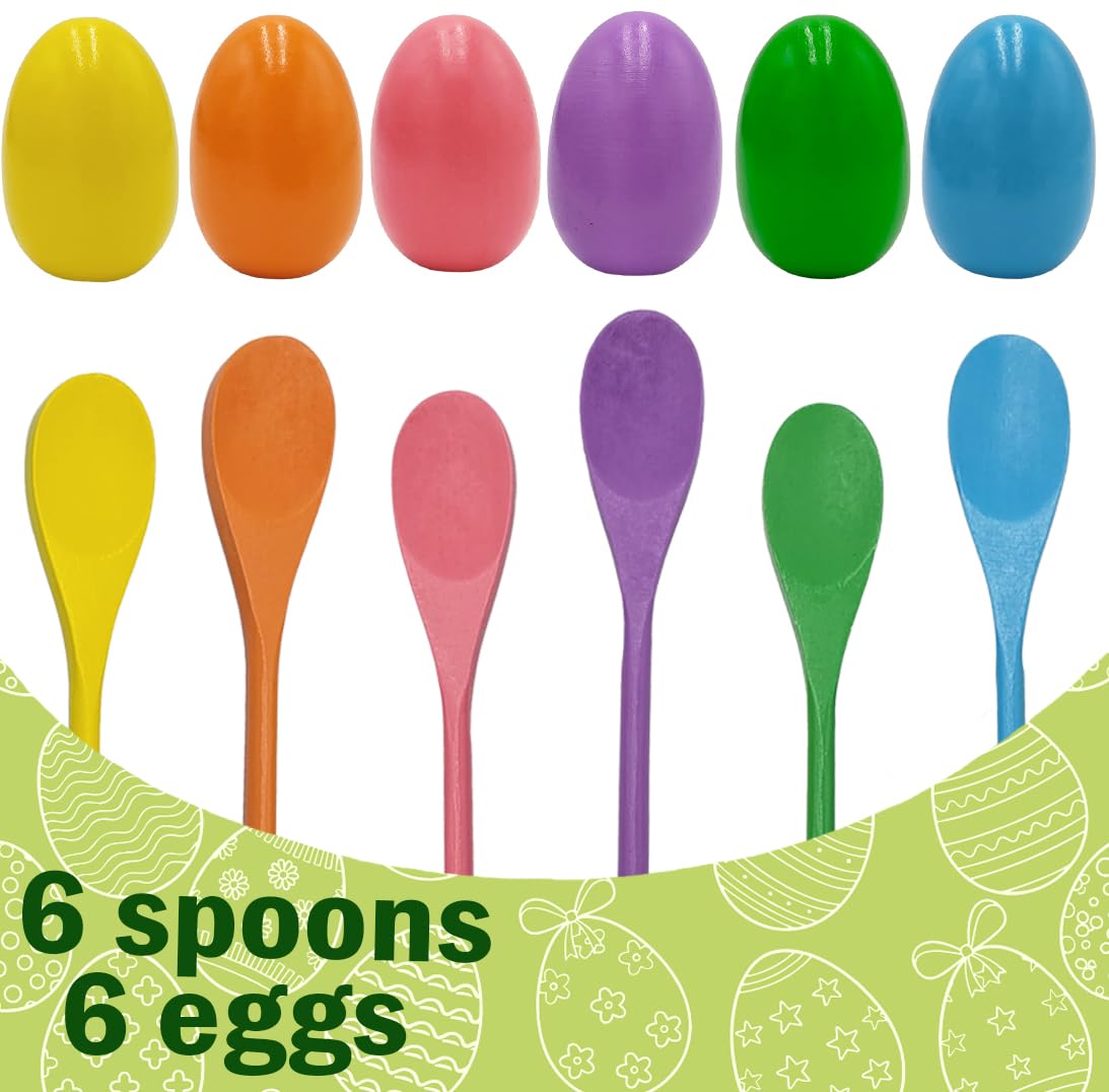 Chochkees 12-Piece Wooden Easter Egg and Spoon Race Game Set – 6 Eggs & 6 Spoons in 12 Colors for Outdoor Family Fun