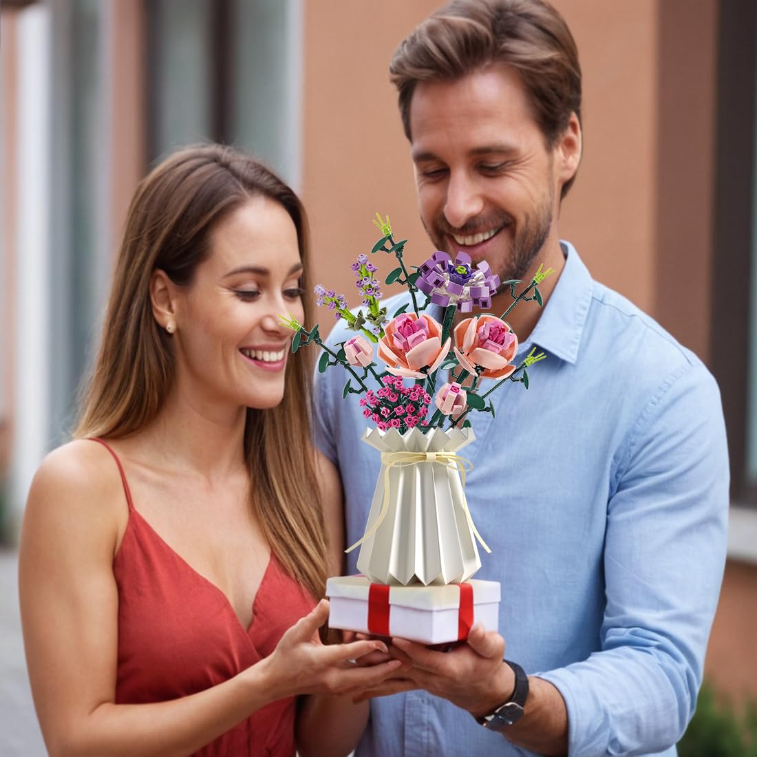 Chodia Artificial Flower Bouquet Building Blocks Set – 413 Pieces, Adjustable Stems, Pink Botanical Collection Gift for Adults