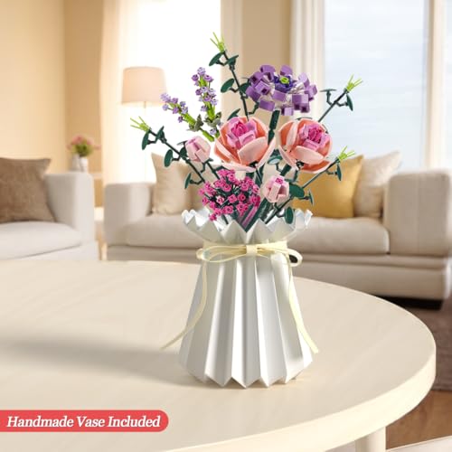 Chodia Artificial Flower Bouquet Building Blocks Set – 413 Pieces, Adjustable Stems, Pink Botanical Collection Gift for Adults