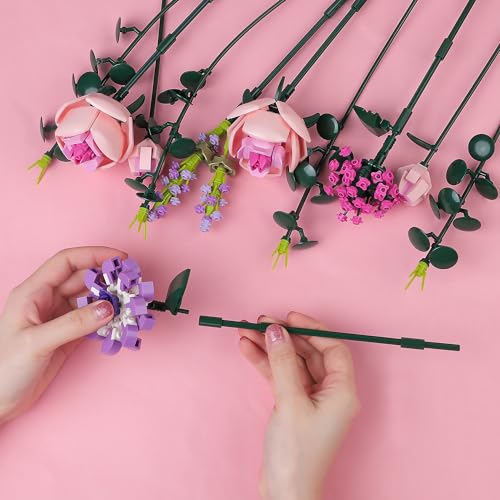 Chodia Artificial Flower Bouquet Building Blocks Set – 413 Pieces, Adjustable Stems, Pink Botanical Collection Gift for Adults