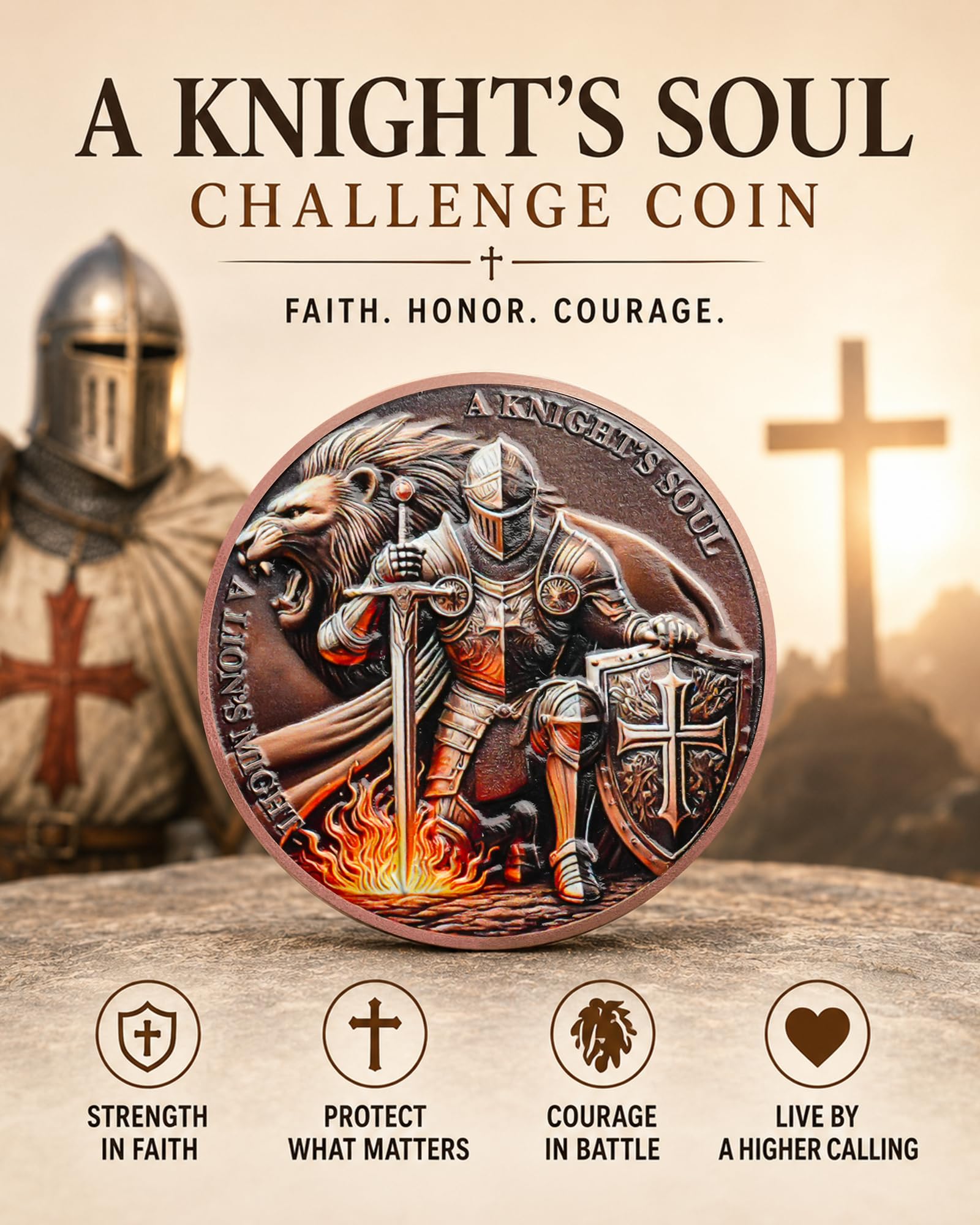 Christian Challenge Coin – Knight & Lion of Judah Design – Tokenara Faith Token